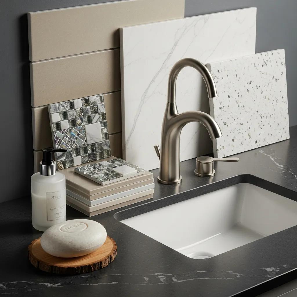 Close-up of bathroom fixtures and materials including tiles and faucets