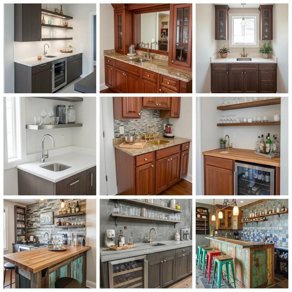 Collage of popular wet bar design styles including modern and traditional