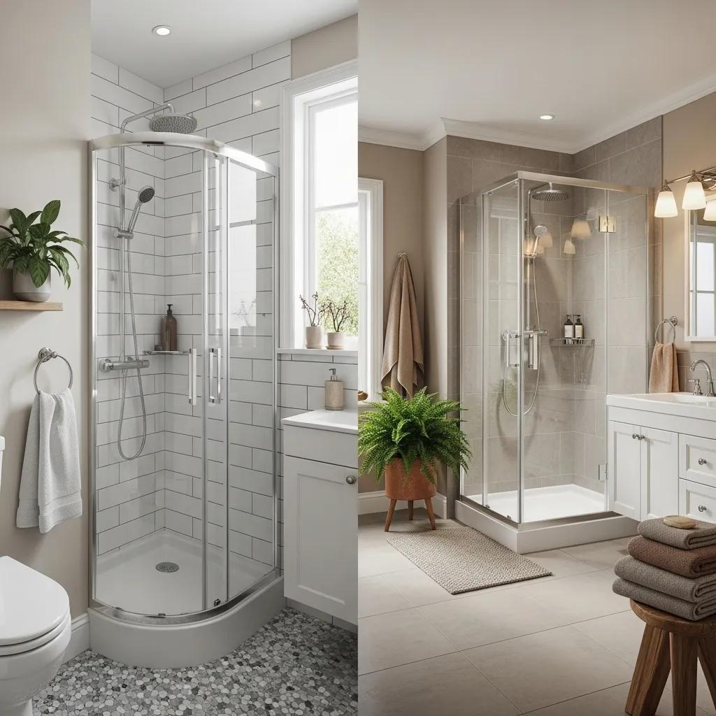 Comparison of sliding and hinged shower doors in modern bathroom settings