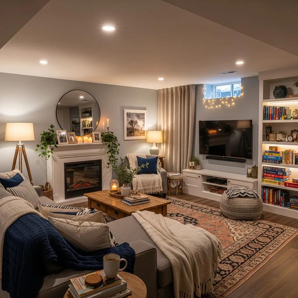 Cozy family room in a finished basement, illustrating basement remodeling services in Frederick MD