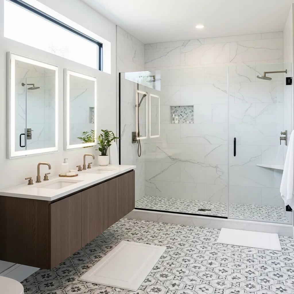 Elegant bathroom with modern fixtures and tile work, representing renovation services in Frederick MD