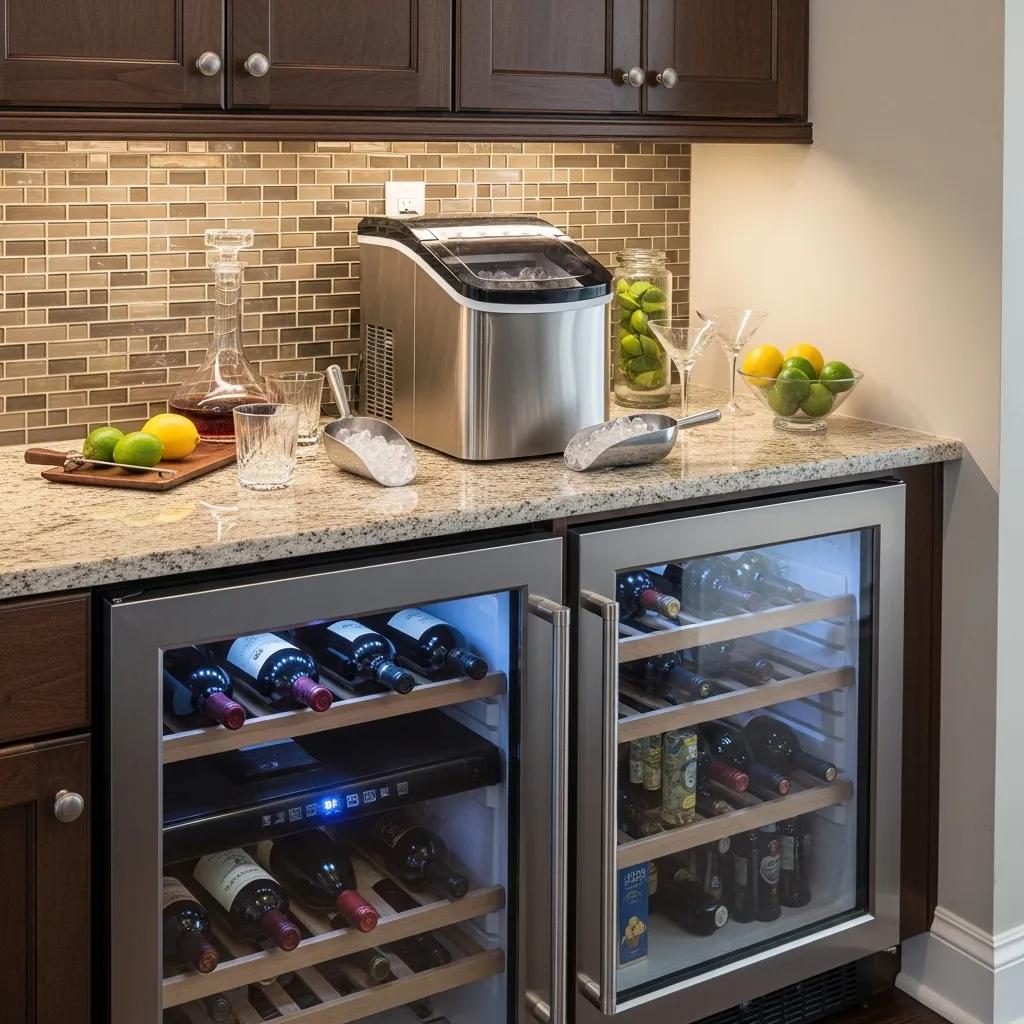 Essential appliances for a custom wet bar including wine cooler and mini-fridge