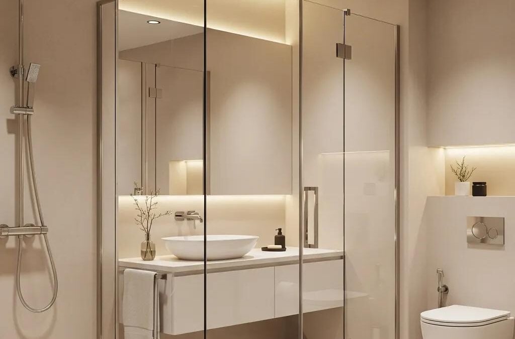 Frameless shower doors in a modern bathroom, emphasizing clarity and elegance
