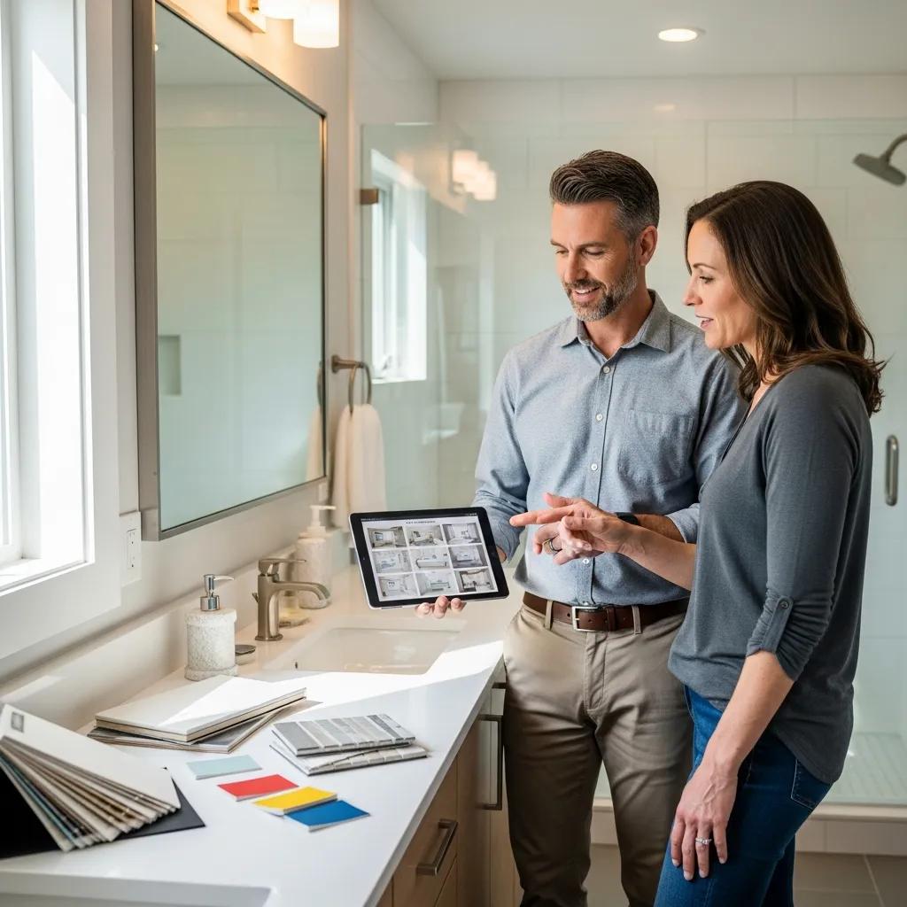 Homeowner consulting with contractor about bathroom remodeling plans