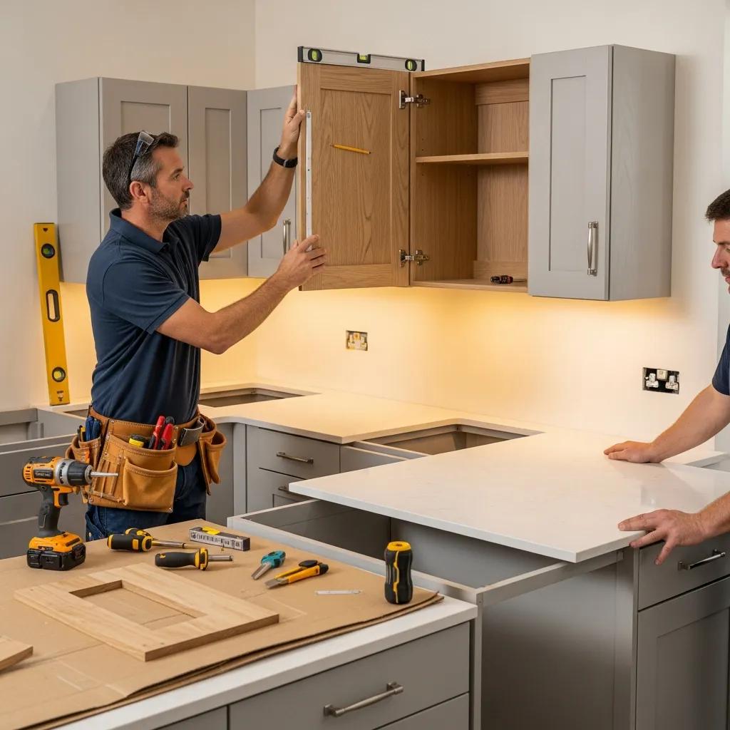 Kitchen remodeling contractor installing custom cabinetry and countertops