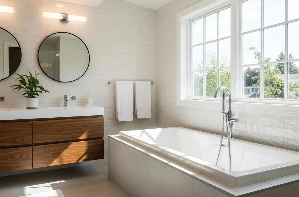Modern bathroom remodel with freestanding bathtub and elegant fixtures