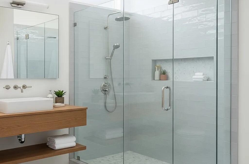 Modern bathroom with custom frameless shower doors enhancing aesthetic appeal