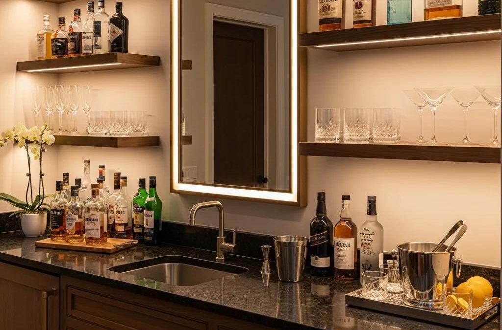 Modern custom wet bar with elegant cabinetry and stylish decor