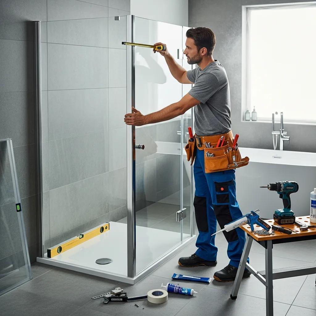 Professional installer measuring and fitting custom shower doors in a bathroom
