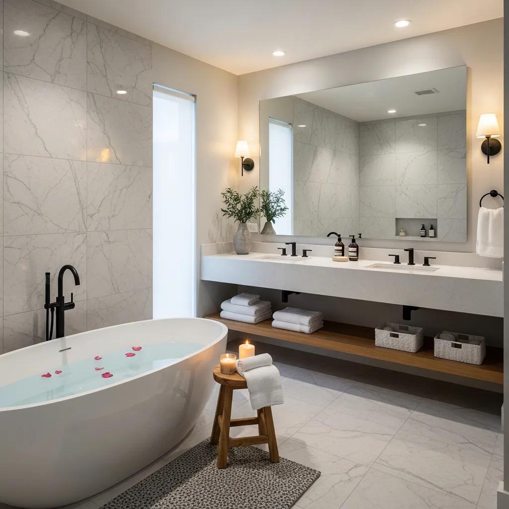 Stylish bathroom with a luxurious soaking tub and elegant vanity showcasing remodeling options